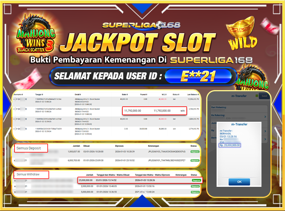 SUPERLIGA168 JACKPOT MAHJONG WINS BLACK 3 SCATTER  Rp.25,000,000,LUNAS